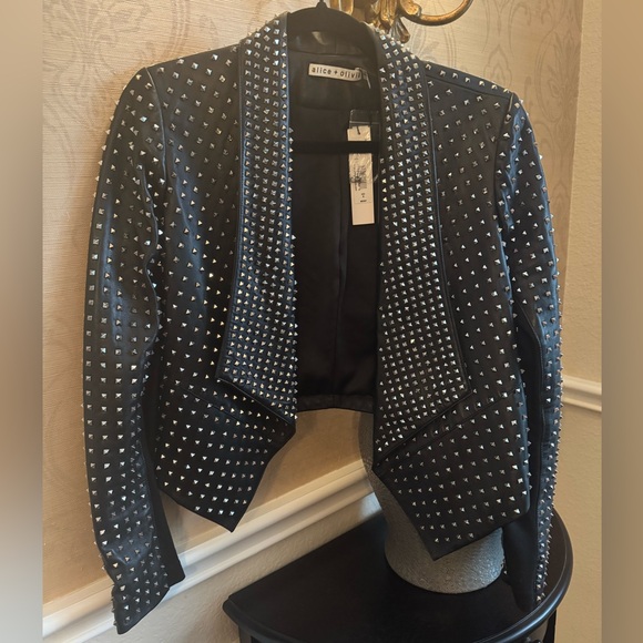 Alice and Olivia “Harvey Silver Studded Black Leather Jacket” - Picture 7 of 12